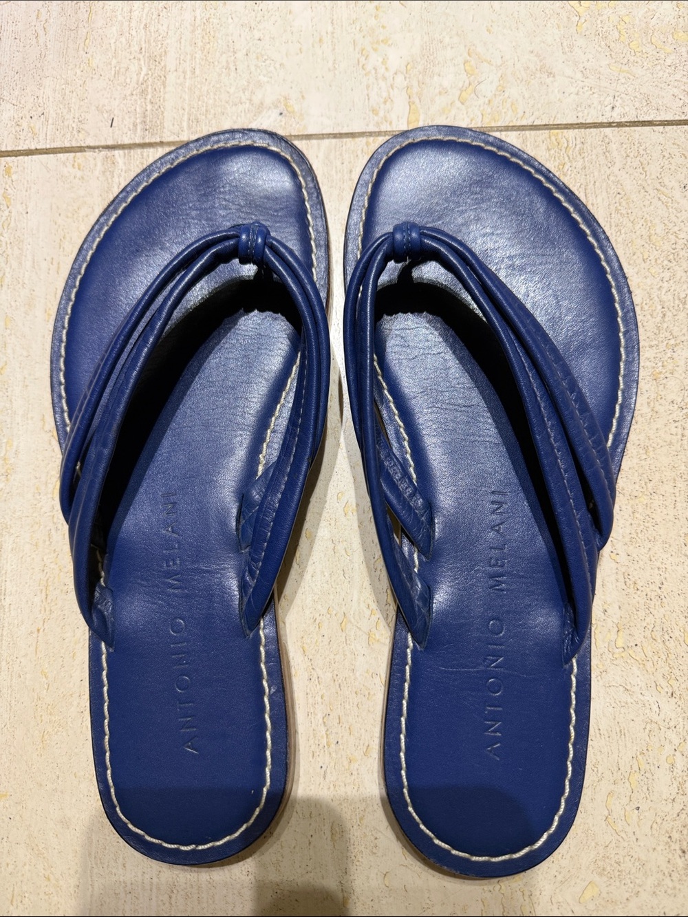 ANTONIO MELANI Navy Blue Leather Knotted Thong Sandals
